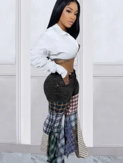 Denim Plaid Print Pacthwork Jeans