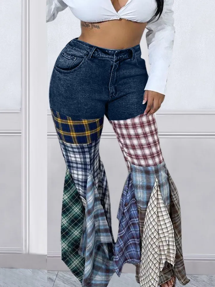 Denim Plaid Print Pacthwork Jeans