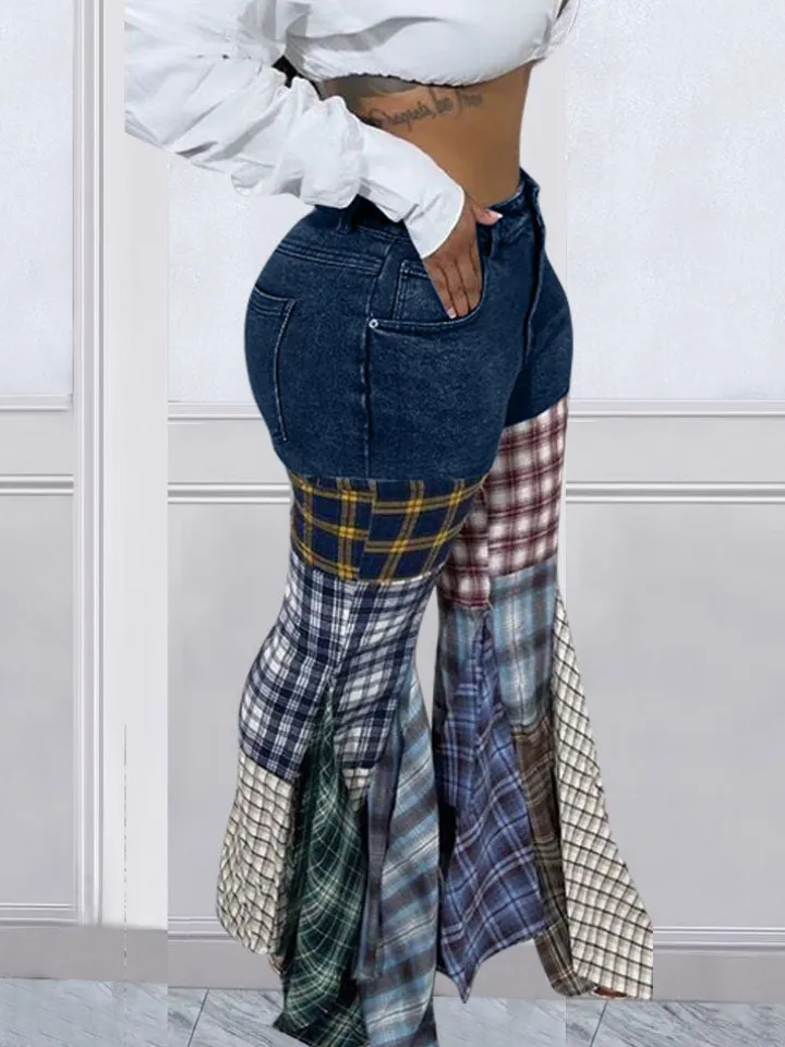 Denim Plaid Print Pacthwork Jeans