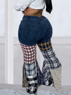 Denim Plaid Print Pacthwork Jeans