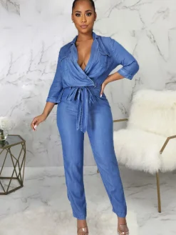 Denim Print Slim Fit Belted Jumpsuit