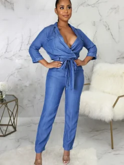 Denim Print Slim Fit Belted Jumpsuit