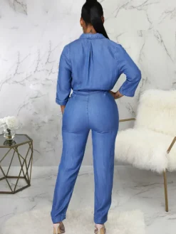 Denim Print Slim Fit Belted Jumpsuit