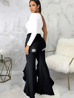 Denim Ripped Ruffle Hem Long Jeans