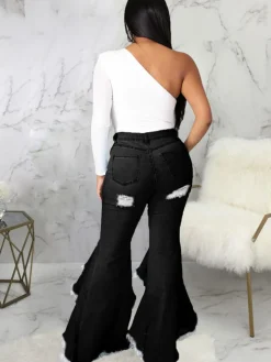 Denim Ripped Ruffle Hem Long Jeans