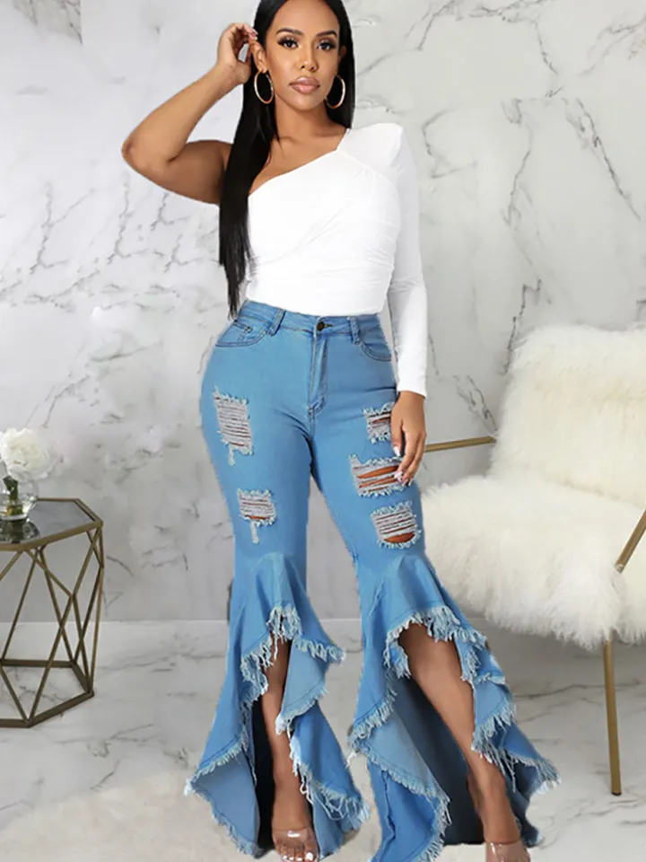 Denim Ripped Ruffle Hem Long Jeans
