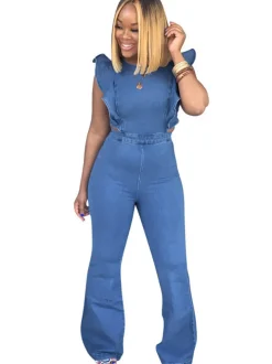 Denim Ruffle Sleeveless Zip Up Jumpsuit