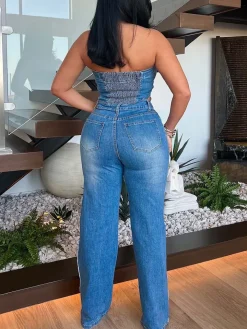 Denim Tube Top Wide-Leg Jumpsuit