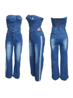 Denim Tube Top Wide-Leg Jumpsuit