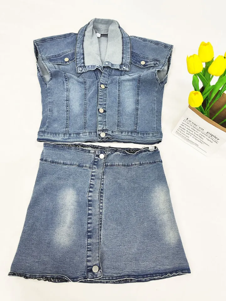 Denim Two Piece Crop Top Mini Skirts