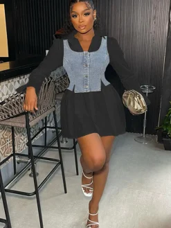 Denim Vest Flared Sleeve Mini Shirt Dress Set