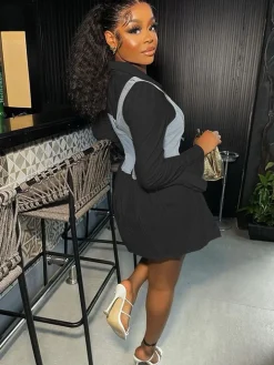 Denim Vest Flared Sleeve Mini Shirt Dress Set