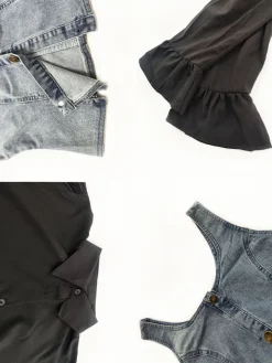 Denim Vest Flared Sleeve Mini Shirt Dress Set