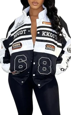 Detachable Letter Graphic Racer Colorblock Baseball Coat