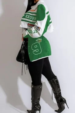 Detachable Letter Graphic Racer Colorblock Baseball Coat