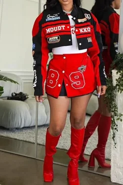 Detachable Letter Graphic Racer Colorblock Baseball Coat