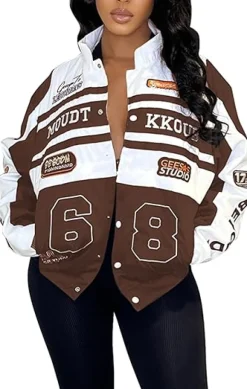 Detachable Letter Graphic Racer Colorblock Baseball Coat