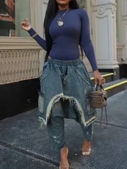 Distressed Denim Harem Pants