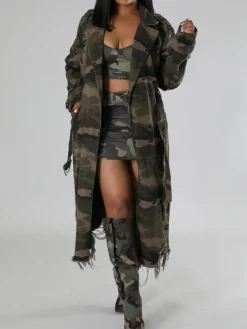 Distressed Camouflage Long Trench Coat
