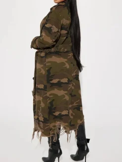 Distressed Camouflage Long Trench Coat