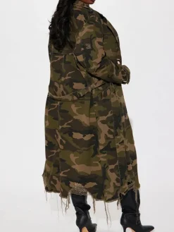 Distressed Camouflage Long Trench Coat