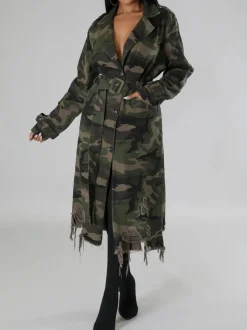 Distressed Camouflage Long Trench Coat