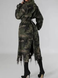 Distressed Camouflage Long Trench Coat