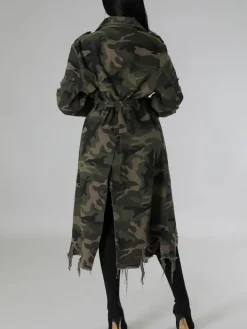 Distressed Camouflage Long Trench Coat