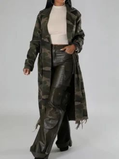 Distressed Camouflage Long Trench Coat