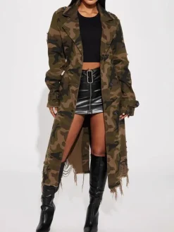 Distressed Camouflage Long Trench Coat