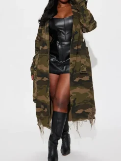Distressed Camouflage Long Trench Coat