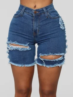 Distressed Elastic Ripped Knee Length Denim Shorts