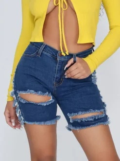Distressed Elastic Ripped Knee Length Denim Shorts