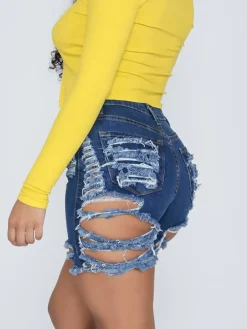 Distressed Elastic Ripped Knee Length Denim Shorts