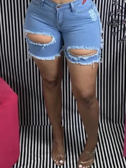 Distressed Elastic Ripped Knee Length Denim Shorts