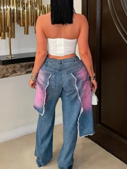 Distressed Gradient Patchwork Wide Leg Jeans