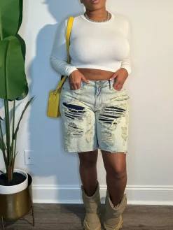 Distressed Patchwork Denim Shorts