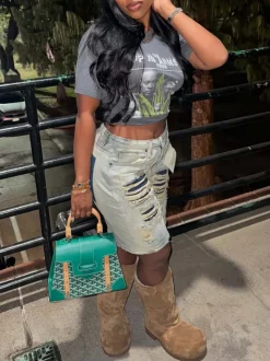 Distressed Patchwork Denim Shorts