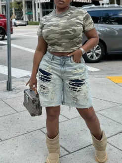 Distressed Patchwork Denim Shorts