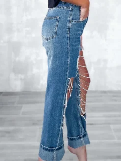 Distressed Rhinestone Chain Straight Leg Jeans
