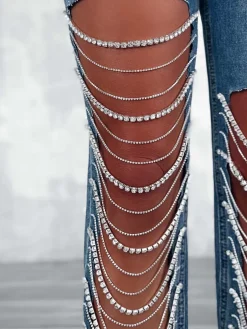 Distressed Rhinestone Chain Straight Leg Jeans