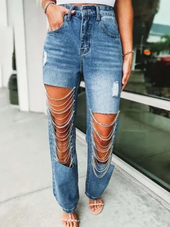 Distressed Rhinestone Chain Straight Leg Jeans