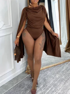 Draped Round Neck Cape Sleeve Romper