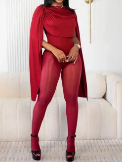 Draped Round Neck Cape Sleeve Romper