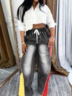 Drawstring High Waist Color Block Jeans