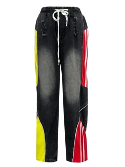 Drawstring High Waist Color Block Jeans