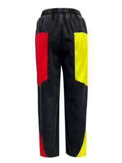 Drawstring High Waist Color Block Jeans