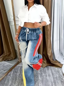 Drawstring High Waist Color Block Jeans