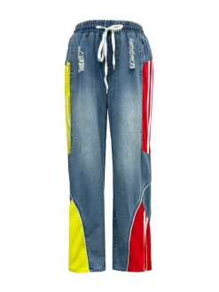 Drawstring High Waist Color Block Jeans