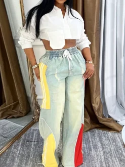 Drawstring High Waist Color Block Jeans